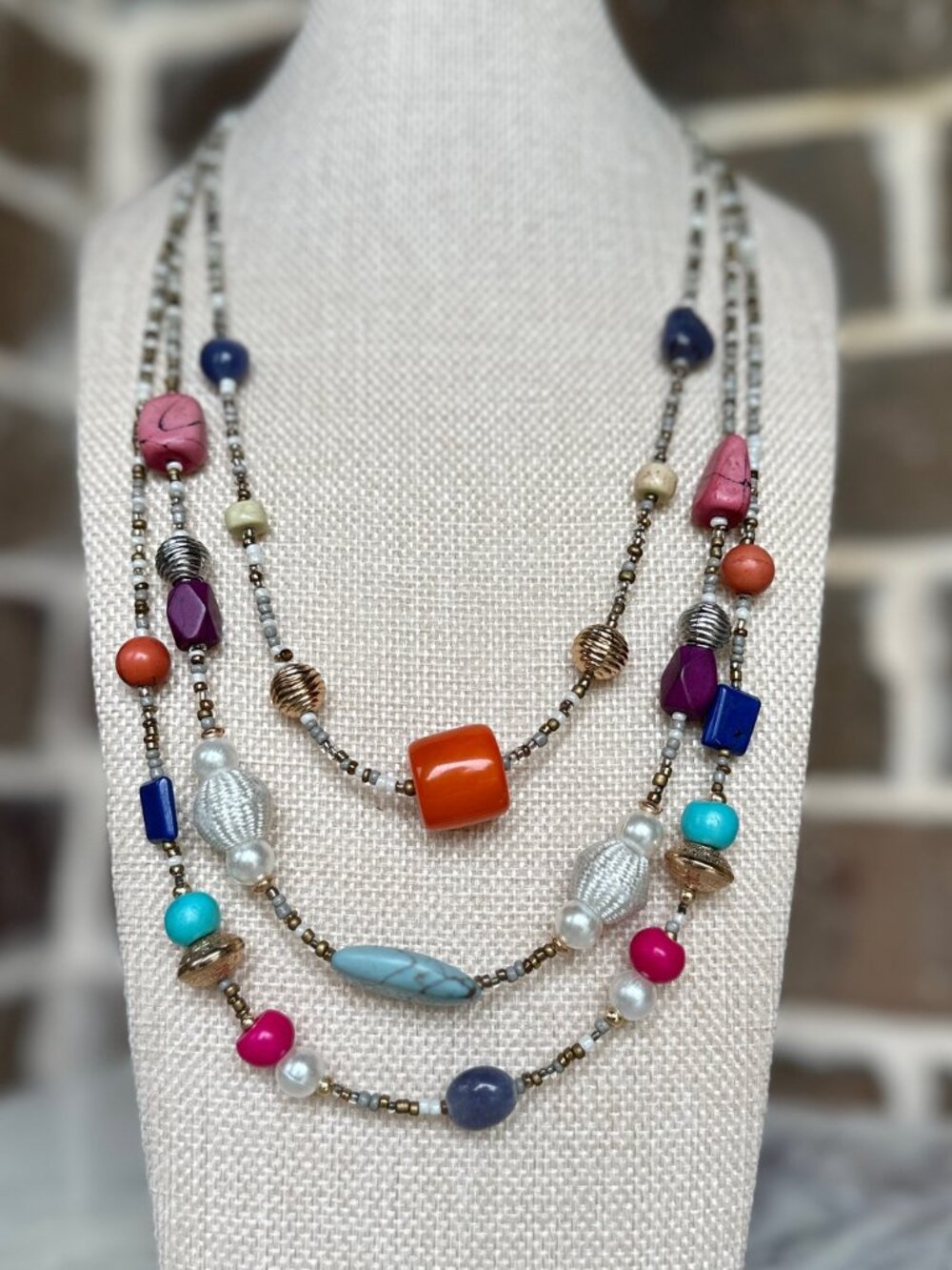 Beaded Multi-colored Necklace in Orange Navy Pink Aqua Cream Purple